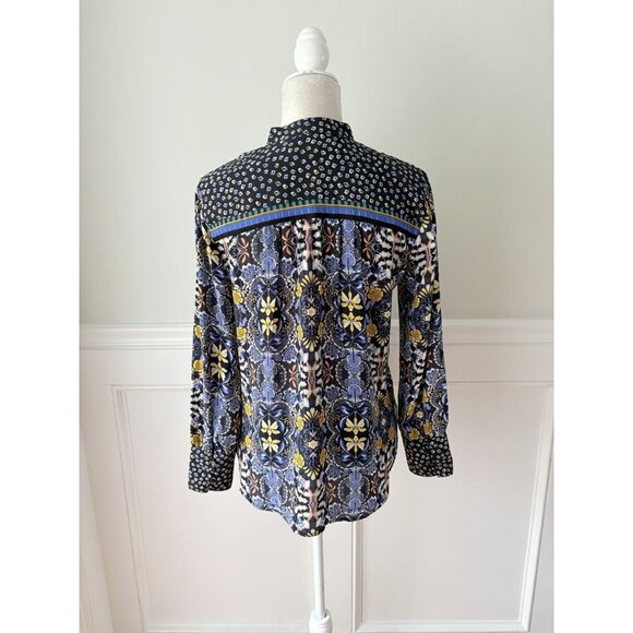 Loft Petites Blue & Yellow Floral Geometric Popover Blouse SP 100% Polyester Lon - Picture 4 of 5